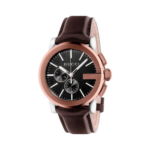steel and brown pvd case/black dial/brown leather strap