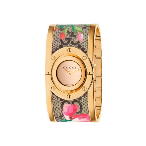yellow gold pvd case / yellow gold mirror dial / yellow gold pvd and gg supreme canvas bangle with pink blooms print