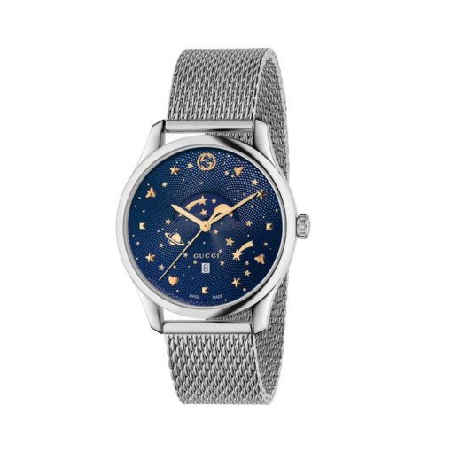 steel case / deep blue guilloché dial /steel mesh bracelet / planet motifs / gold stars