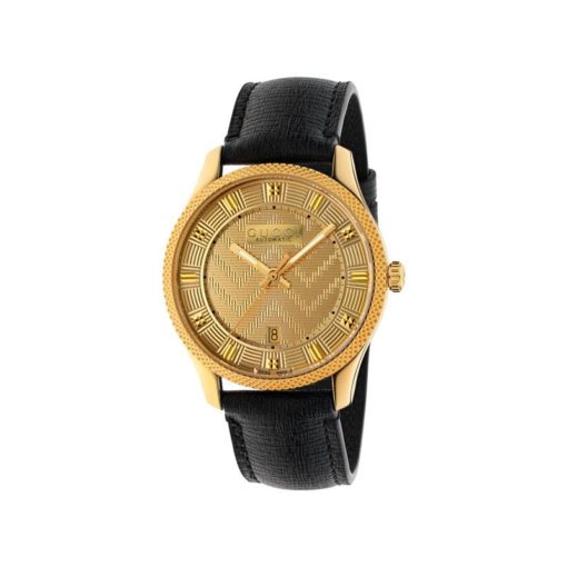 yellow gold PVD case / yellow gold colored chevron dial/ black leather strap