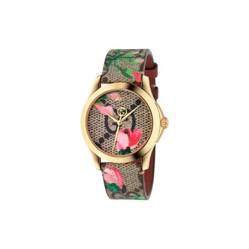 yellow gold pvd case with gg supreme canvas dial / pink blooms print / gg supreme canvas strap / pink blooms print