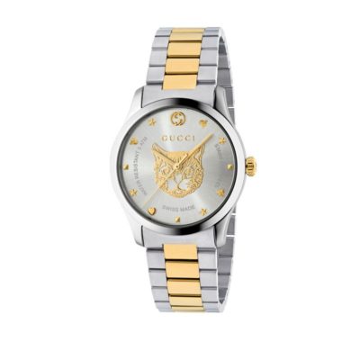 steel case / silver dial with yellow gold pvd feline motiv / steel and yellow gold pvd mesh strap