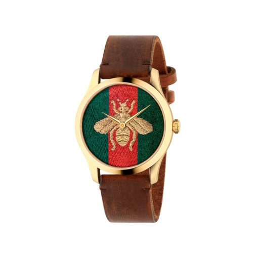 gold pvd case/grg web dial with embroidered golden bee/brown calf