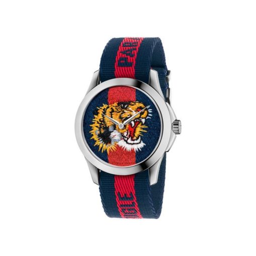 126 md / steel case / blue-red-blue web nylon dial / embroidered tiger head / blue-red-blue web nylon strap / “L’Aveugle par Amour”