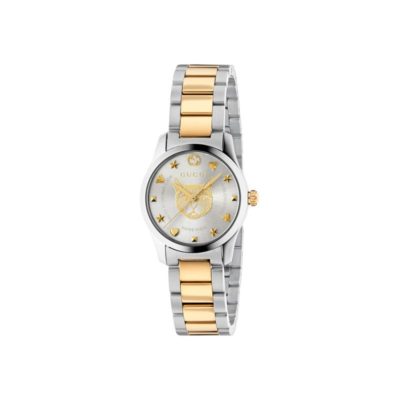 steel case / silver dial with yellow gold pvd feline motiv / steel and yellow gold pvd mesh strap / small