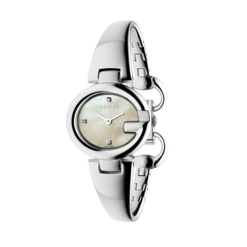 steel case / white mother of pearl dial with 3 diamonds / steel bangle