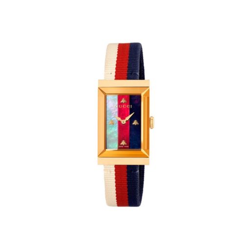 yellow gold PVD case / cream-red-blue sylvie web mother of pearl dial with bees indexes / interchangeable cream-red-blue sylvie web nylon strap